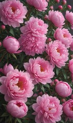 Luscious pink peonies and roses, abundant blooms, copy space , empty space, macro