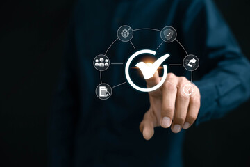 Quality assurance concept, businessman working with computers service Quality assurance, Guarantee,...