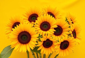 Obraz premium Vibrant sunflowers arranged on a sunny yellow backdrop Autumn harvest scene, sun, bloom