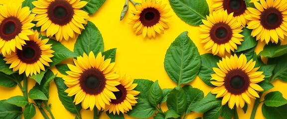 Vibrant sunflowers, lush green leaves, flat lay on yellow background Harvest, agriculture, farming theme,   floral design,  botany
