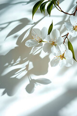 A branch of white flowers with green leaves on a white surface