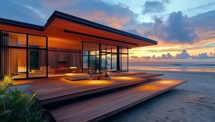 Obraz premium A wooden house with glass walls overlooking the beach, sunset, and clouds in the sky.
