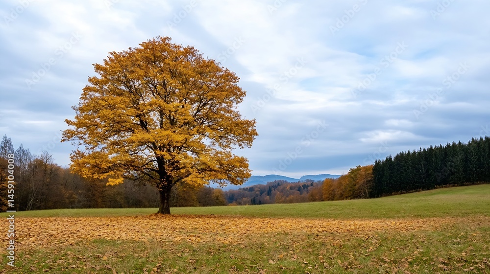 Leinwandbilder single deciduous tree with golden autumn leaves stands in a field, surrounded by fallen foliage, und