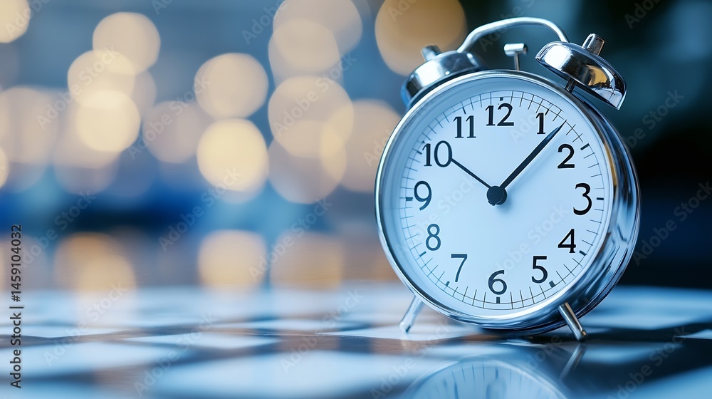 Poster close-up of a vintage silver alarm clock on a reflective surface, with a blurred bokeh background of