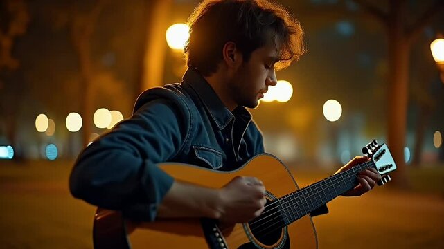 Male musician playing guitar in park at night  
