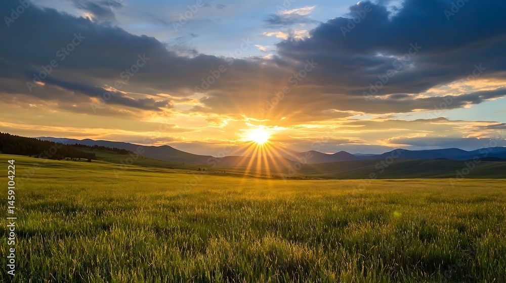 Aufkleber Golden hour sunset over a vast, grassy field with rolling hills and dramatic clouds in the background, creating a serene and peaceful landscape. : Generative AI