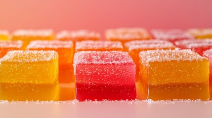 Artistically arranged layers of colorful marmalade squares creating an ombre effect from yellow to orange to red, dusted with fine sugar crystals, soft gradient background, extreme detail showing