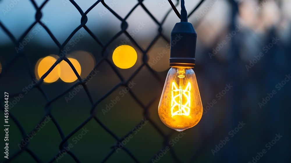 Poster glowing edison bulb hanging on a chain link fence at dusk, with blurred lights in the background, cr