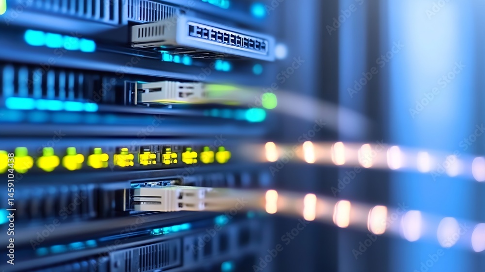 Poster close-up view of fiber optic cables connecting to network server ports, showcasing data transfer and