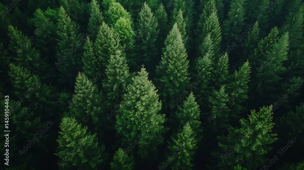 Poster aerial view of a dense evergreen forest, showcasing the lush green canopy and tall coniferous trees 