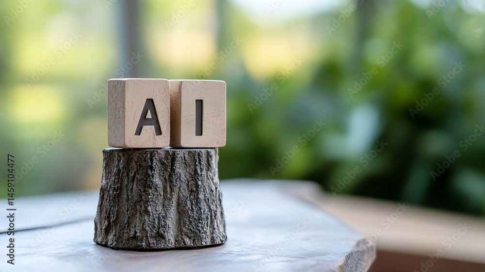 Poster wooden blocks spelling ai sit atop a tree stump on a wooden surface, with a blurred green background