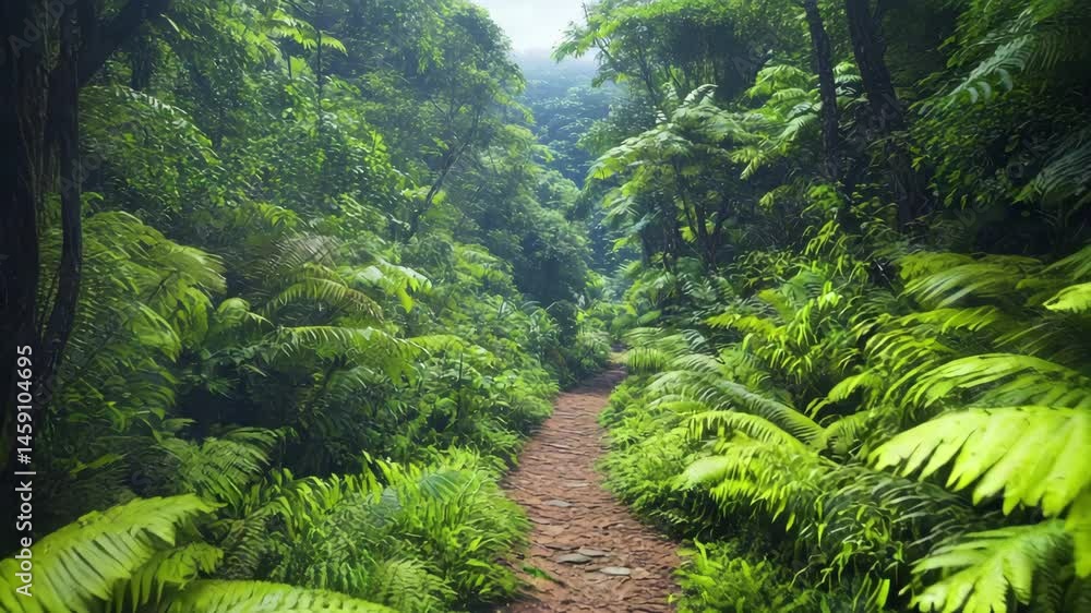 Poster a jungle path surrounded by dense, lush greenery under a canopy with sunlight filtering through, sta