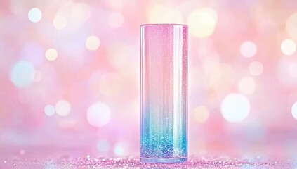 Product photography: a long glass cylinder with a gradient of pastel pink and blue colors, with iridescent glitter, on a light background