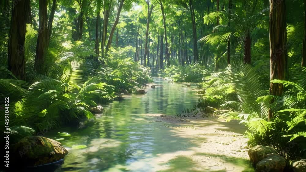 Poster a jungle stream winding through a lush path in the forest with ferns and tall trees, a slow pan alon