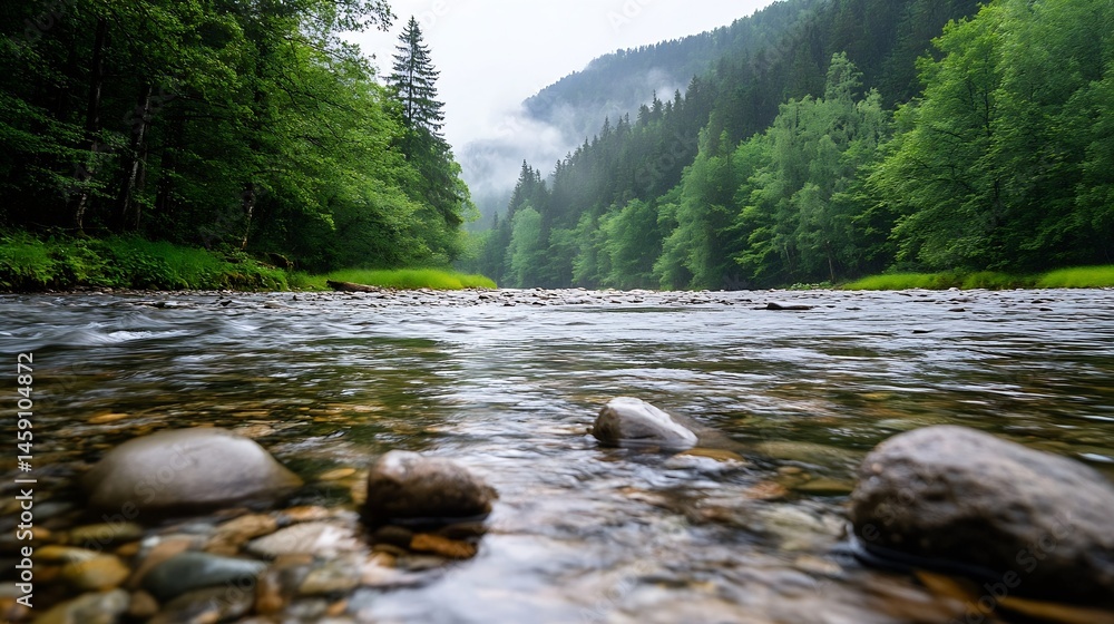 Poster serene mountain river flows gently over smooth stones, surrounded by lush green forest and misty mou