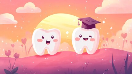 Fototapeta premium Cheerful tooth breaking through gums like superhero emerging from sunset, older teeth wearing graduation caps teaching proper dental care, pink healthy gums shaped like rolling hills, magical