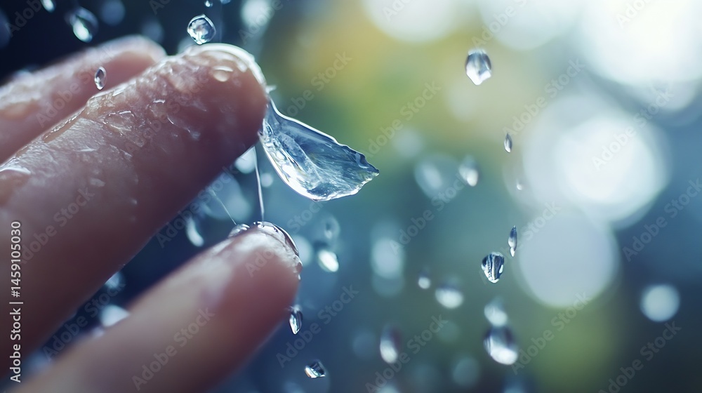 Poster Close-up of a fingertip with water droplets clinging, a larger drop about to fall, bokeh background suggesting nature or outdoors. : Generative AI