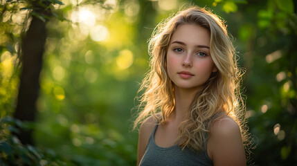 Naklejka premium Portrait of a young woman with blonde curly hair in a green forest with sunlight shining through trees