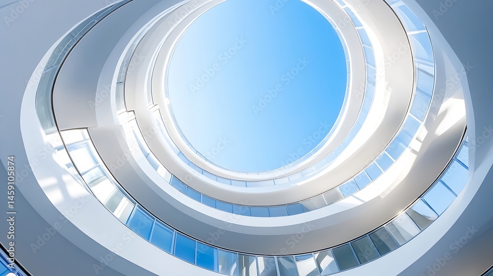 Poster modern architecture, circular building interior with glass railings and sky view. clean lines, white