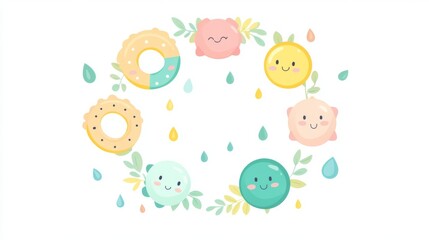 Cheerful cartoon illustration of colorful teething rings arranged in a circle formation, featuring wooden and silicone designs with happy faces, pastel color palette of mint green, soft yellow, and