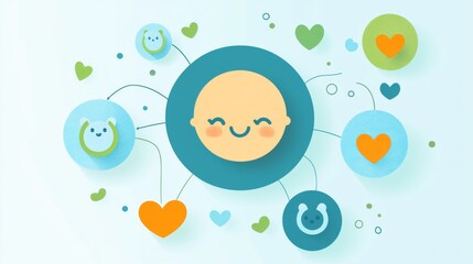 Whimsical infographic showing happy baby face transforming from crying to smiling, connected by natural teething ring icons, organic wood grain texture visible on rings, soothing blue and green color