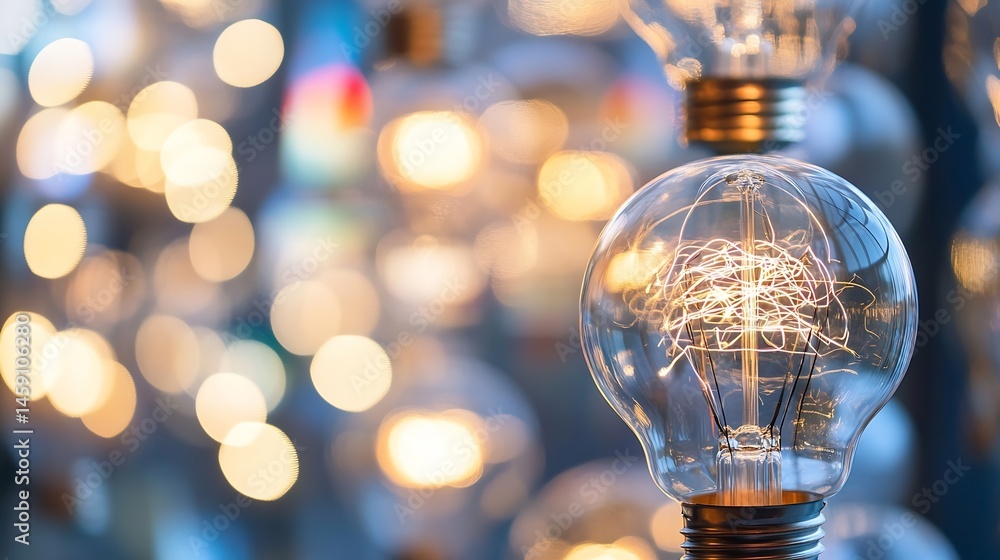Poster close-up of a glowing vintage light bulb with intricate filament, surrounded by a bokeh of warm and 