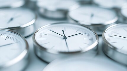 Close-up view of multiple modern, minimalist clocks with silver bezels and white faces, showcasing a concept of time management and synchronization. : Generative AI
