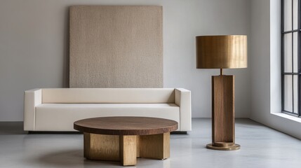 Aged brass lamp lighting up a room with minimalist decor and modern furniture