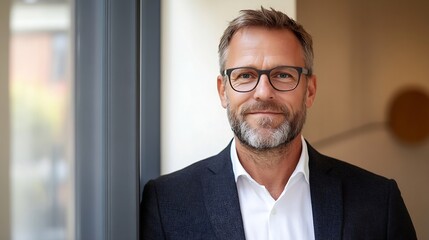 Fototapeta premium Portrait of a confident middle-aged man in a dark suit and glasses, standing near a window in a modern office setting. He has short graying hair and a neatly trimmed beard. : Generative AI