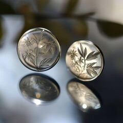 Two round, etched buttons, floral design