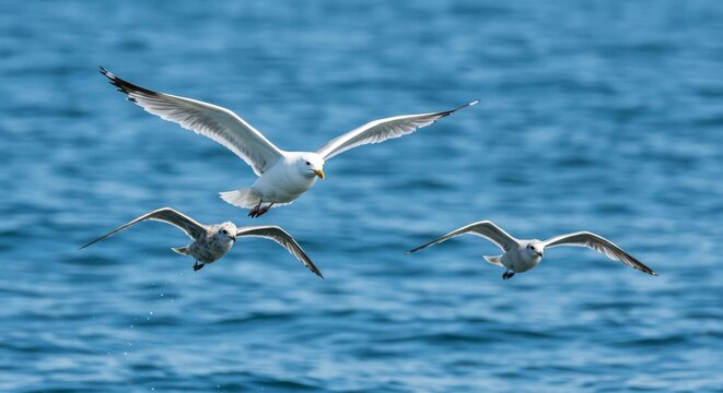 Three seagulls soaring above a deep blue sea.