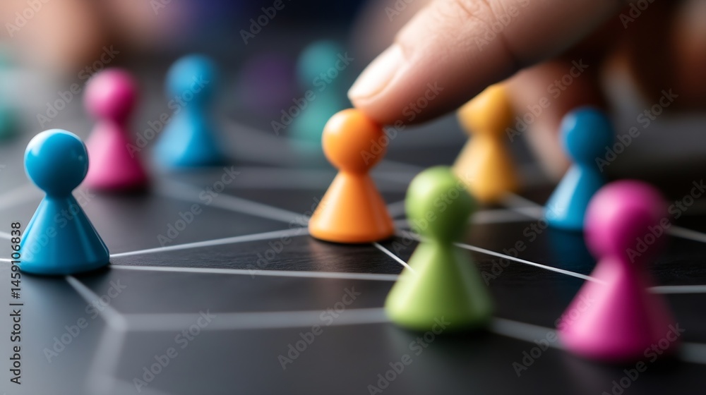 Poster a hand carefully moves a vibrant orange game piece across a network of interconnected colorful pawns