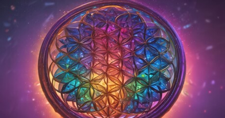 Vibrant Flower of Life banner glows in rainbow spectrum ,  pattern,  illustration,  banner