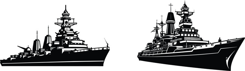 Silhouette battleship uss missouri set with white background vector art isolated illustration design element