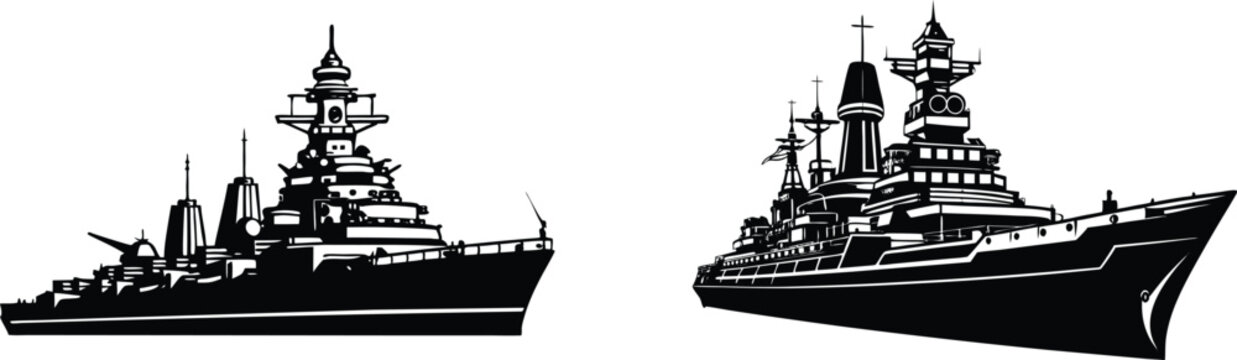 Silhouette battleship uss missouri set with white background vector art isolated illustration design element