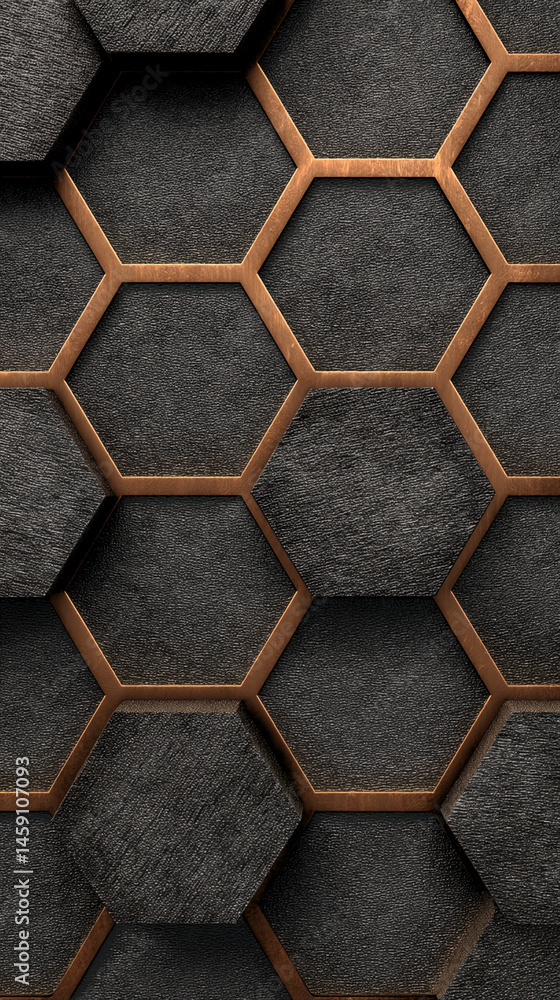 Poster Dark textured hexagons with copper frames create a geometric pattern, showcasing a modern and luxurious design, ideal for backgrounds or textures