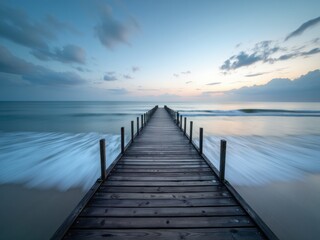 Obraz premium Wooden pier at sunset with crashing waves