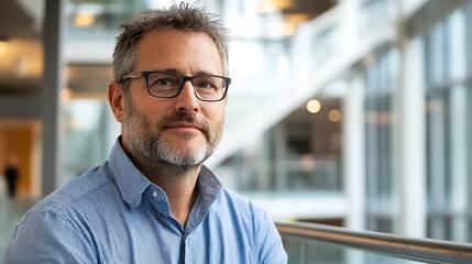 Portrait of a middle-aged man with graying hair wearing glasses, standing in a modern office building, thoughtful expression. : Generative AI