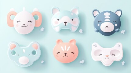 Modern flat design pacifier set featuring playful animal-inspired shapes, cheerful expressions with kawaii style eyes, floating arrangement with delicate drop shadows, minimalist vector illustration,