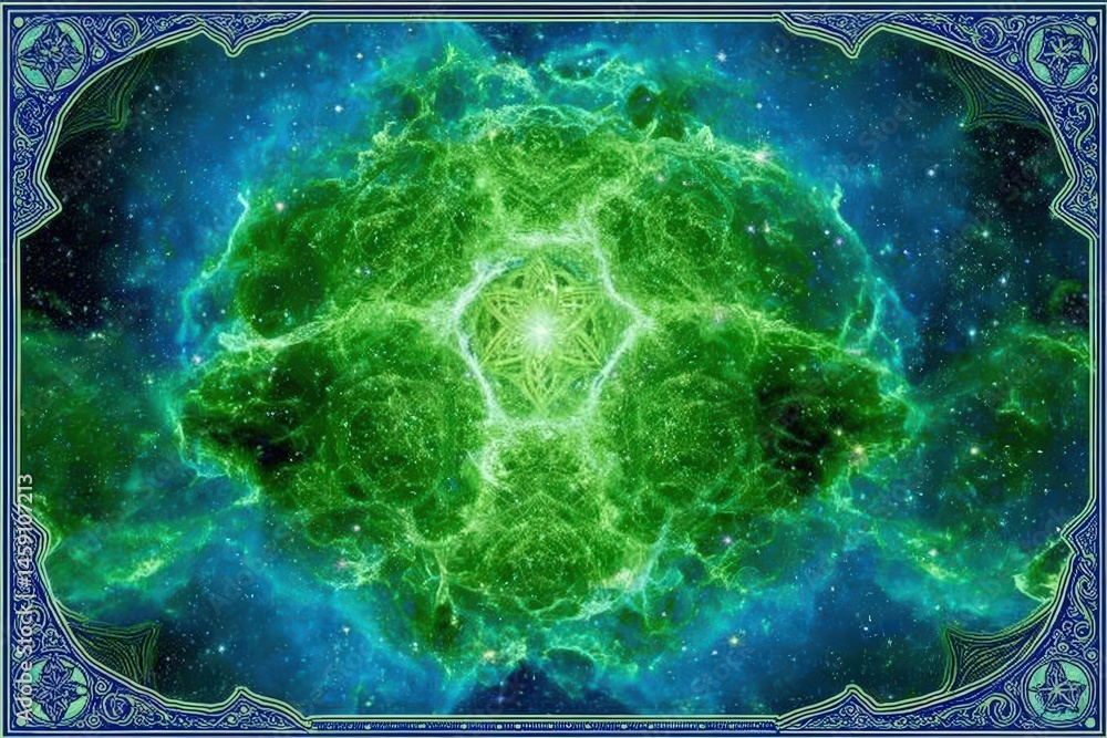 Poster abstract cosmic design featuring vibrant colors and intricate patterns.