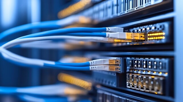 Close-up of fiber optic cables connected to a network switch in a server rack, showcasing technology and connectivity. : Generative AI