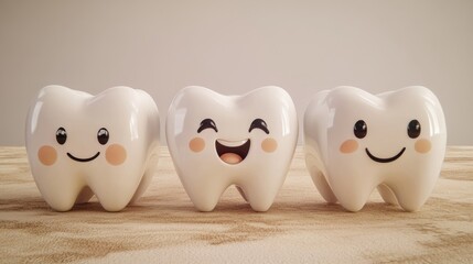 Obraz premium Time-lapse sequence showing tooth growing stages as cute characters, from tiny white bud to full-grown tooth, existing teeth acting as supportive family members with encouraging expressions, soft