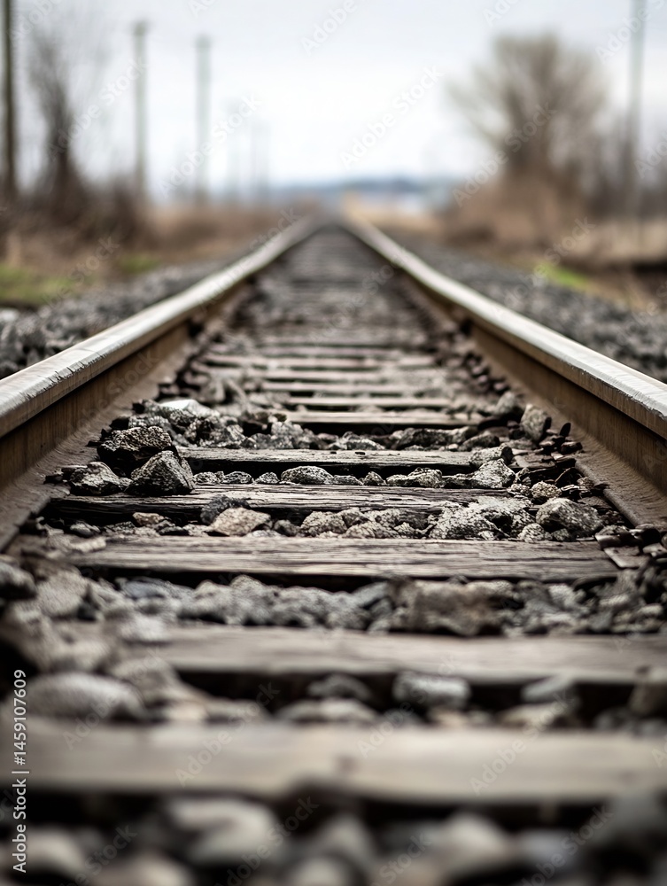 Aufkleber close-up view of a railway track extending into the distance, showcasing weathered wooden sleepers, 