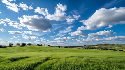 Fototapeta premium Serene landscape of rolling green hills under a vibrant blue sky dotted with fluffy cumulus clouds, showcasing a tranquil countryside scene. : Generative AI