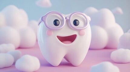 Fototapeta premium Growing tooth portrayed as young student in tooth school, surrounded by mentor teeth wearing tiny professor glasses and bow ties, anatomical details shown through cute infographic elements, soft