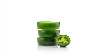 Fresh sliced jalapeno peppers stacked on a white background.