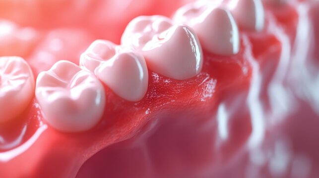 Medical visualization of gingivitis symptoms, precise tooth modeling, inflamed gingival tissue detail, anatomically correct dental structures, sterile clinical aesthetic, volumetric atmosphere,