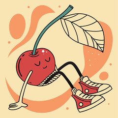 A cartoon vector illustration features a girl with a cherry and a girl in a bikini on a summer beach, a fruity design icon