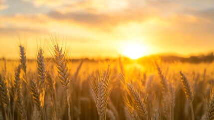 Naklejka premium Golden wheat field at sunset, backlit by warm sunlight, showcasing the ripe grain and tranquil rural landscape. The sun's glow illuminates the scene, creating a peaceful and idyllic a : Generative AI