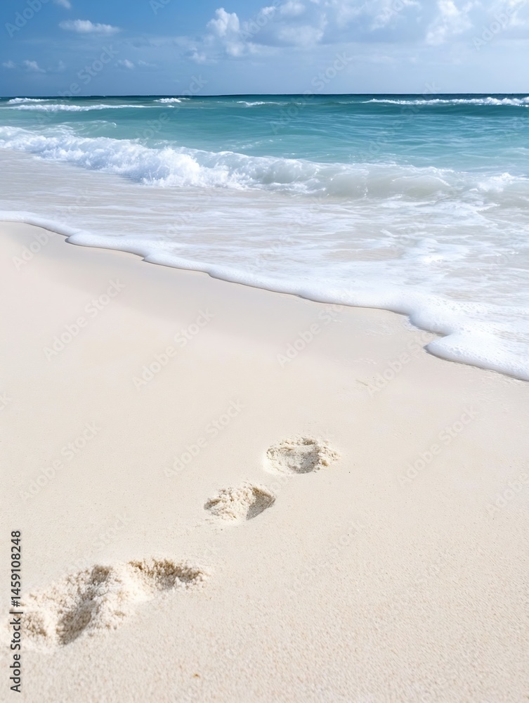 Poster tranquil beach scene with gentle waves lapping a pristine white sand shore, showcasing three footpri